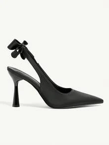 CUCCOO CHICEST 女士时尚尖头低鞋面细高跟鞋后带蝴蝶结装饰露跟优雅舒适浅口鞋适合春秋晚会，黑色 - 黑色 - 查看 9