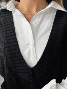 Calvaya Plus Size Women V-Neck Casual Loose Knitted Vest, Autumn/Winter - Black - View 3
