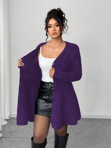 Elenzga Cardigan Wanita Ukuran Besar Elegan Warna Polos Kerah V Kancing Depan, Musim Gugur/Dingin - Purple - View 5