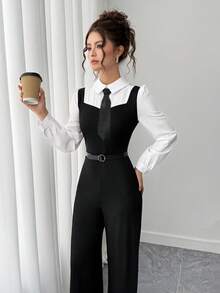 SHEIN Combinaison longue manches noir et blanc avec contrastes de couleurs pour adolescentes - Noir et Blanc - Voir 5