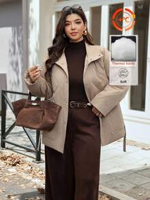 Vionelle Plus Size Big Pocket Quilted Long Sleeve Casual Basic Coat With Belt For Women Winter/Autumn Jacket Outerwear,Hiking Clothes - Khaki - View 6