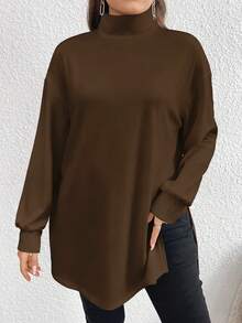 EMERY ROSE Deep Brown Casual Minimalist Plus Size Turtleneck Long T-Shirt, Spring/Autumn - Multicolor - View 4