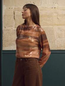 lacRébo Pink And Brown Gradient Sequin Cropped Sweater With Long Sleeves, Chic Fall-Winter Party Top Shiny Top Premium Sparky Top  New Year Party Outfits - Orange - View 4