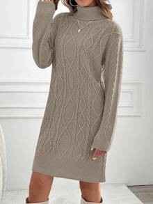 EURMUSE Knitwear Dress With Folded Neck And Cable Pattern - Rust Brown - View 5