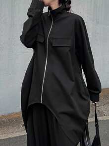 FRIFUL Women's Solid Black Stand Collar Raglan Sleeve Pocket Decorated Metal Zipper Front Short Back Long Loose Casual Versatile Regular Jacket, Autumn/Winter