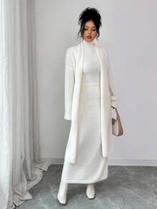 Selianne 女士秋冬高端三件套：高领毛衣+裙子+长款开衫，休闲别致的通勤针织套装 - 米色 - 查看 6