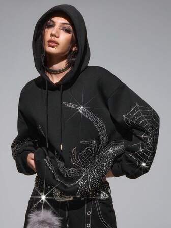 Grunge Punk Dark Spider Rhinestone Decor Loose Fit Hoodie Sweatshirt With Thermal Lining