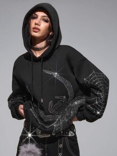 Grunge Punk Dark Spider Rhinestone Decor Loose Fit Hoodie Sweatshirt With Thermal Lining