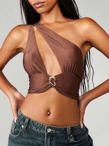 MISSGUIDED One Shoulder Cut Out Crop Top Ring Detail Cami Fashion Asymmetric Party Club Summer Y2K Festival Tank Crossover - Coffee Brown - View 4