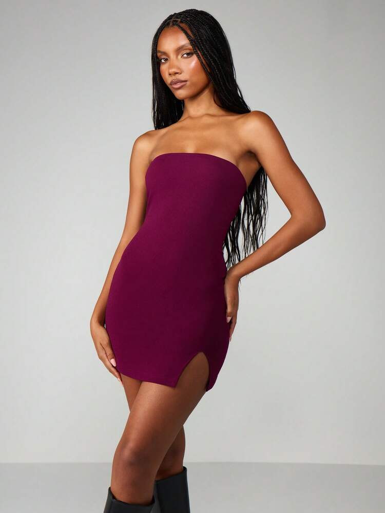 MISSGUIDED Bandeau Split Hem Mini Dress Party Evening Bodycon Strapless