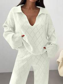 EURMUSE Woman Checkered Jacquard Polo Neck Two Pieces Sweater And Pants Co-Ords - White - View 4