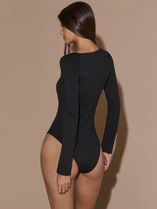 SHEIN BAE 黑色纯色方领轮廓杯长袖紧身衣，适合毕业典礼、正式场合、鸡尾酒会、浪漫约会、秋冬打底衫、派对、夜总会、万圣节、圣诞节 - 黑色 - 查看 2