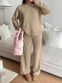 SHEIN Unity 2pcs Set Casual Solid Color Drop Shoulder Loose Knit Sweater And Pants, Autumn/Winter - Khaki - View 3