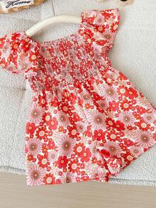 SHEIN Newborn Baby Girls' Cute Summer Floral Print Short Sleeve Romper