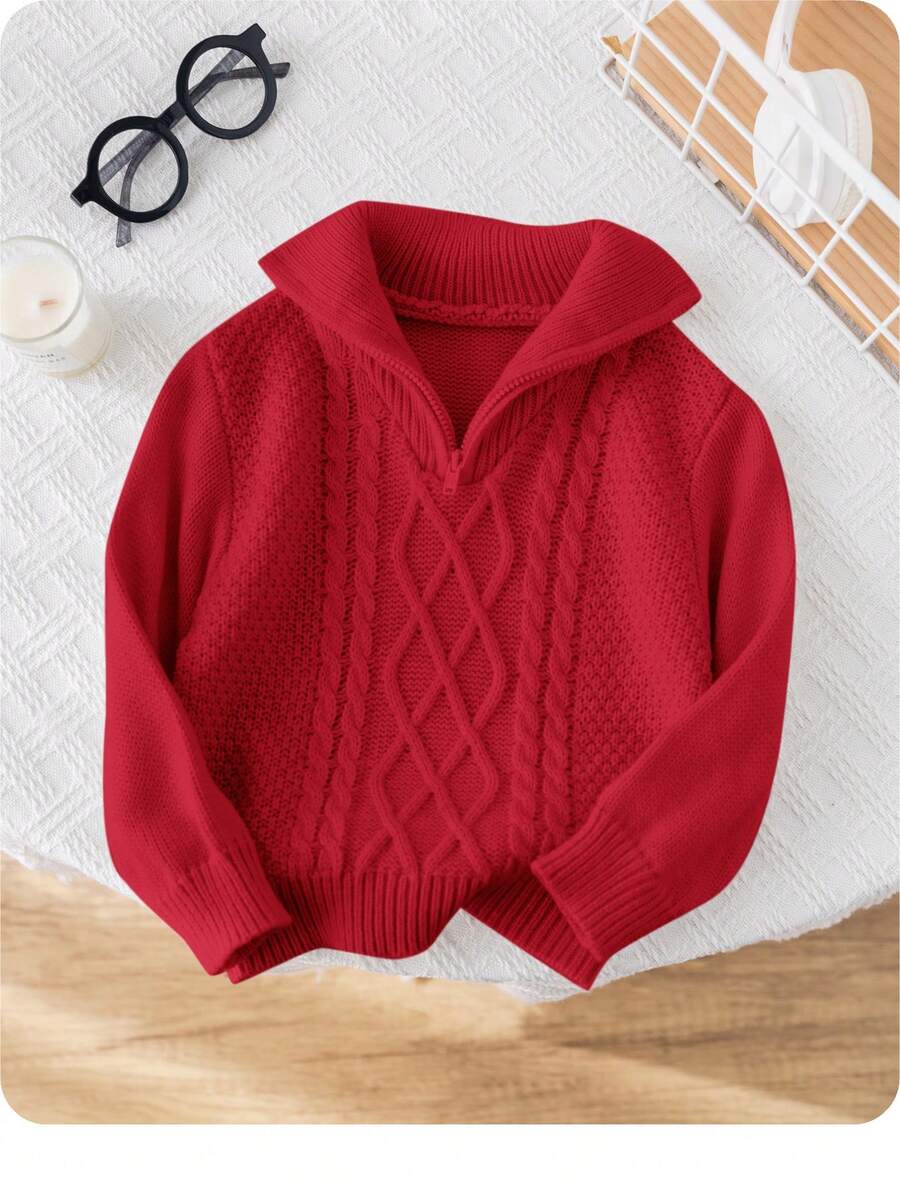 SHEIN 男婴/女婴复古纹理针织圆领拉链开衫，柔软舒适，适合上学、居家、郊游、圣诞派对、秋冬