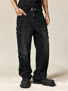 ROMWE MEN Street Life Men's Embroidered Stars Denim Jeans, Suitable For Everyday Wear In Autumn/Winter - Black - View 6