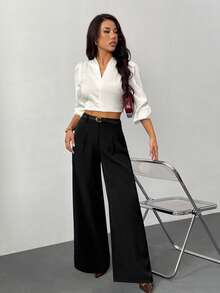 SHEIN PETITE Women's Petite Size Black Solid Color Wide-Leg Pants, With Belt (Belt Included). Casual High-Waisted Wide-Leg Pants, Elegant For Commuting, Women's Winter Wear, Women's Thanksgiving Wear, Suitable For Business And Professional Settings, Versatile And Stylish.,Black Pant,Fall,Fall Clothes For Women High Waist Pants Black Wide Leg Pants - Black - View 5