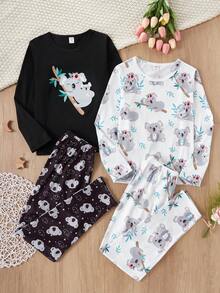 4件套女童考拉卡通印花长袖上衣和裤子舒适睡衣套装 - 彩色 - 查看 3