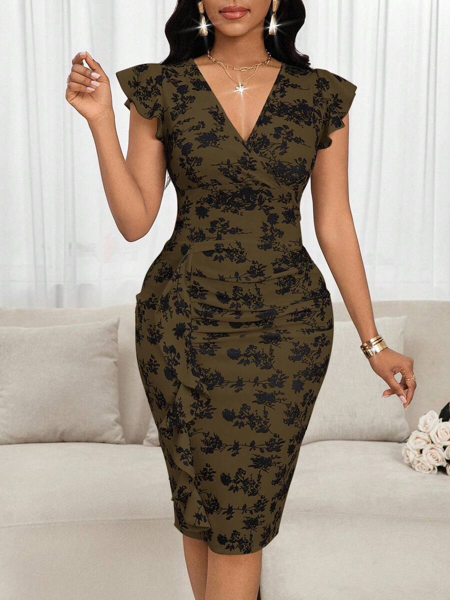 SHEIN Lady Váy dài vừa phải họa tiết hoa cổ chữ V xếp nếp thanh lịch cho nữ Váy nữ Váy midi Quần áo nữ Váy - màu nâu - Xem 1