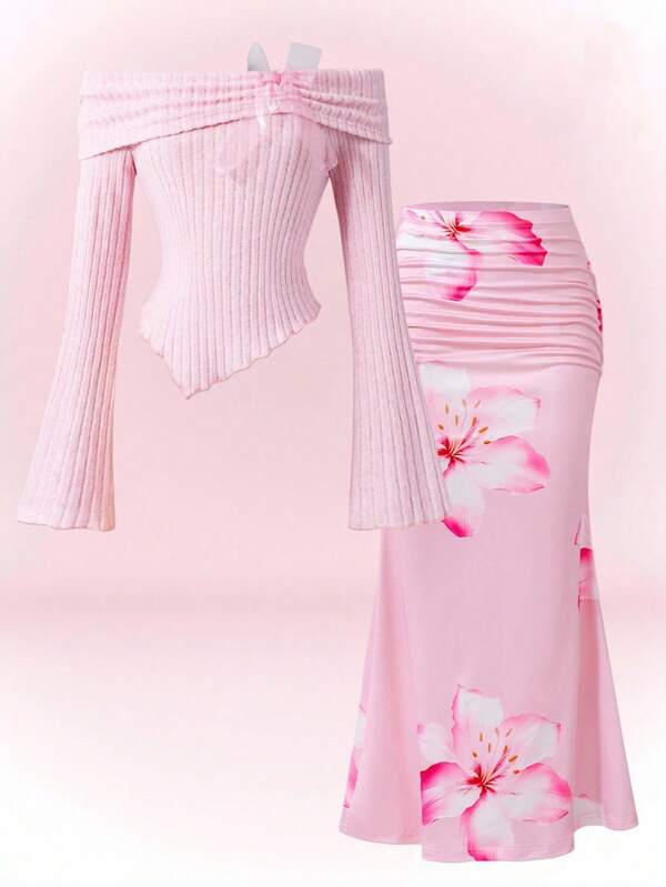 2pcs/Set Teenage Girls Ruffle Trim Bow Decor Asymmetric Hem Long Sleeve Fitted Cute T-Shirt And Ladies Casual Holiday Floral Print Maxi Skirt Set, Pink, Suitable For Party, Back To School, Elegant French, Princess, Wedding, Birthday
