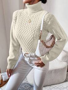 EURMUSE 女士纯色针织麻花高领套头衫 - 白色 - 查看 6