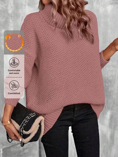 EURMUSE Women's Solid Color High Neck Dropped Shoulder Long Sleeve Casual Loose Pullover Sweater, Autumn/Winter,Jumper,Cream Jumper,Jumpers,Christmas Jumper,White Jumper,Black Jumper,Ladies Jumper,Women's Jumpers