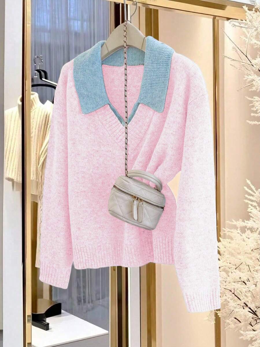 Franclia V-Neck 2 In 1 Long Sleeve Sweater, Autumn/Winter - Pink - View 1