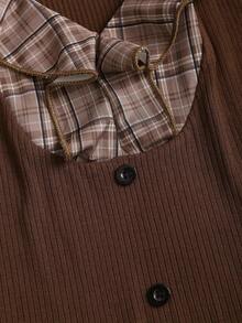 SHEIN PETITE Women's Vintage Elegant Plaid Patchwork Long Sleeve Waist Shirt, Autumn/Winter - Coffee Brown - View 5