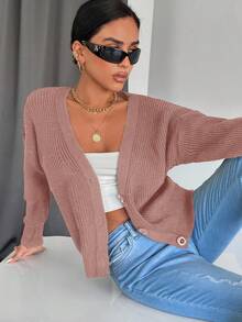 RueChic Women's Solid Color Casual Cardigan, Minimalist & For Daily Wear - Rusty Rose - View 4