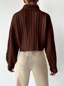 EURMUSE Women's Casual Solid High Neck Drop Shoulder Sweater, Suitable For Autumn/Winter - Chocolate Brown - View 2