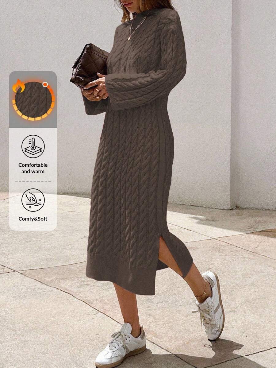 EURMUSE Women's Knitwear Long Dress With Cable Pattern,Petite - Mocha Brown - View 1