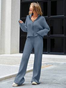SHEIN Cottnline Ladies' Zipper Front Drop Shoulder Cardigan And Elbow Patch Sweater Pants Set - Blue - View 3