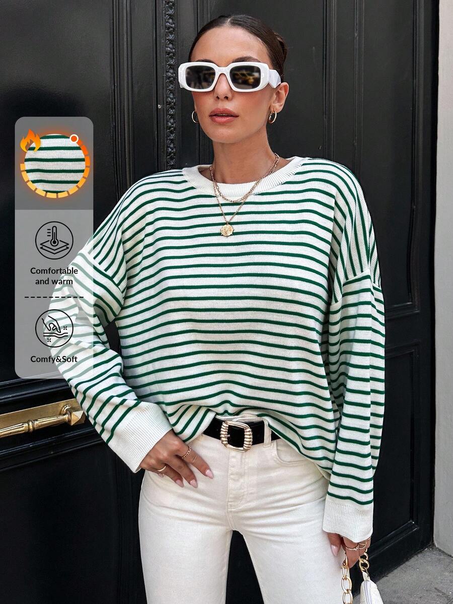 EURMUSE Striped Pattern Drop Shoulder Sweater - Green - View 1