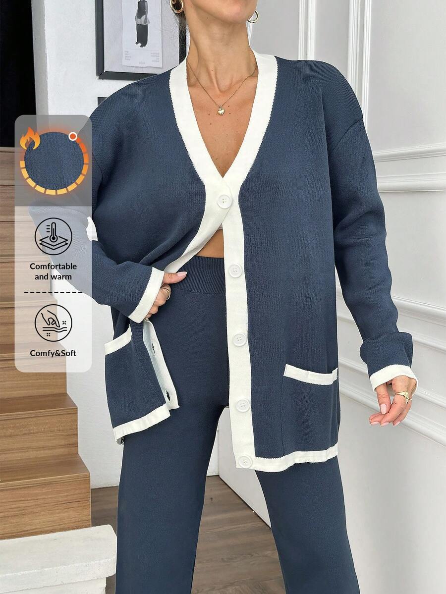 EURMUSE Women Simple Solid Color Patchwork Front Button Long Sleeve Top And Pants Two Piece Set, Casual - Navy Blue - View 1