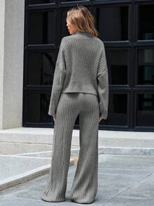 EURMUSE Drop Shoulder Zip Up Cardigan & Knit Pants - Light Grey - View 2