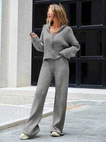 EURMUSE Drop Shoulder Zip Up Cardigan & Knit Pants - Light Grey - View 3