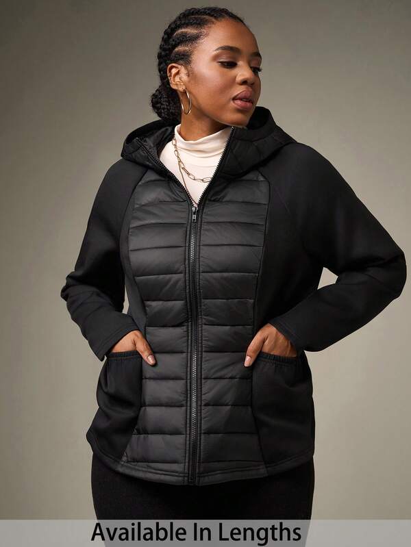 SHEIN Tall CURVE Plus Size Women's Zip-Up Hooded Padded Coat, Warm For Autumn/Winter,Fall,Back To School,Quilted Fabric,Warm Plus Size Jackets Plus Size Hoodies Women Black Jacket Women Outerwear Women Coats For Women Plus