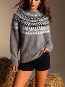 Chiquease 女式休闲度假风格费尔岛图案插肩袖毛衣，秋冬 - 深灰色 - 查看 7