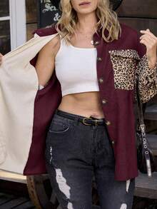 SHEIN LUNE 大码女式豹纹拼布撞色长袖休闲夹克，秋季 - 酒紅色 - 查看 6