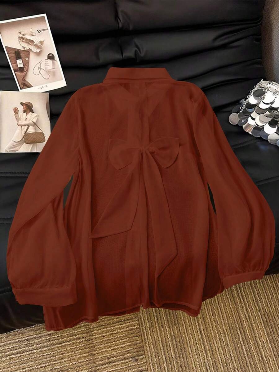 SHEIN Clasi Casual White Sheer Blouse With Bow Accent - Rust Brown - View 1
