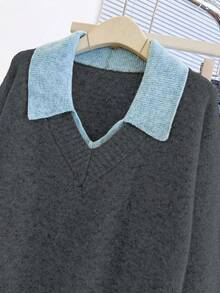 Franclia V-Neck 2 In 1 Long Sleeve Sweater, Autumn/Winter - Dark Grey - View 3
