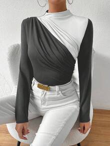Zolique 女式撞色褶饰长袖修身紧身衣 - 灰色 - 查看 8