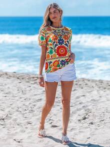Sylviya Casual Simplistic Floral Round Neck Loose Fit Women T-Shirt Suitable For Going Out,Vacation - Multicolor - View 3