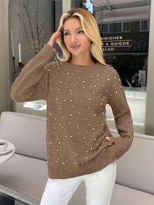 RueChic 女士珍珠细节圆领米色休闲优雅毛衣