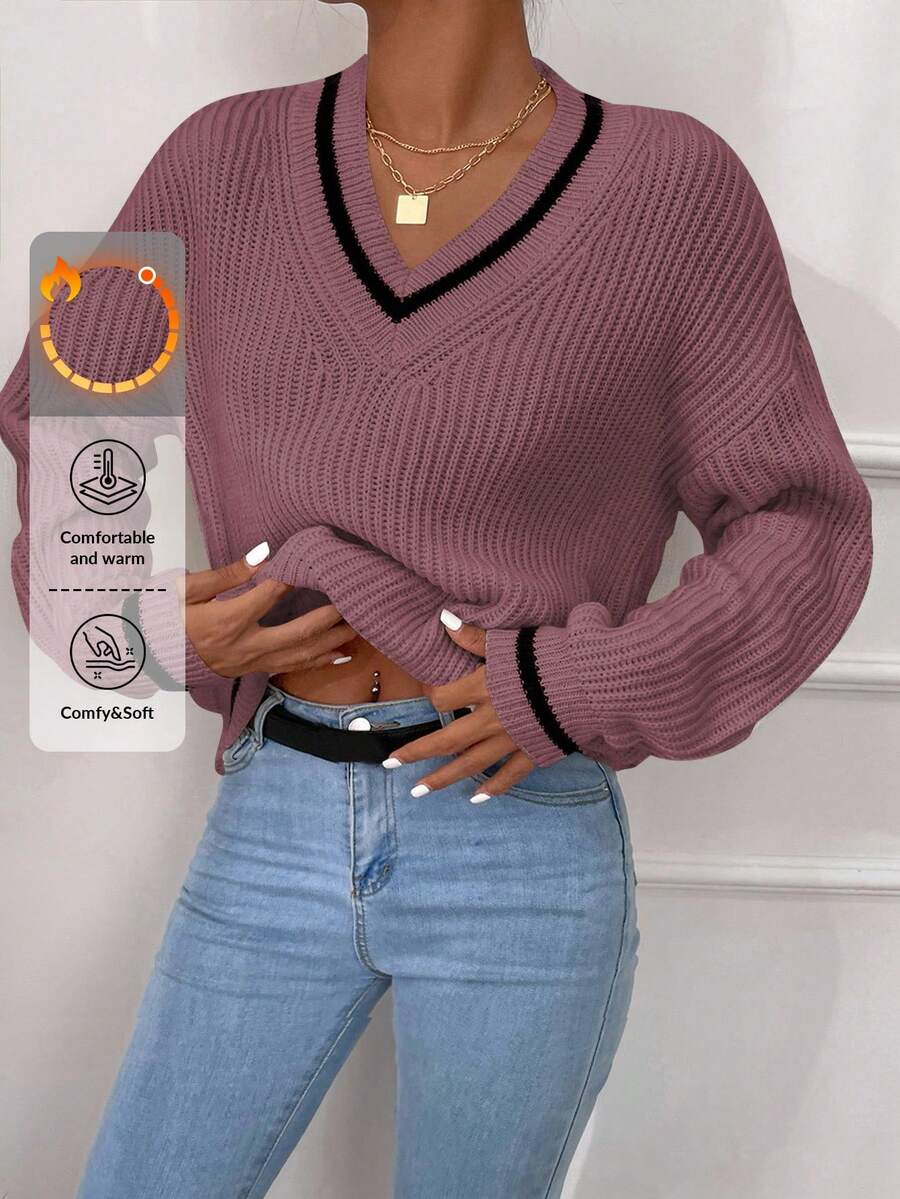 條紋飾邊落肩袖板球毛衣 - 駝色 - 查看 1