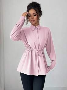 Elenzga Women's Elegant French Office Commute Street Style Utility Shirt, Featuring Shirt Collar, Front Placket, Waist Drawstring, Bowknot , Long Sleeve, Suitable For Spring, Autumn And Winter - Pink - View 7