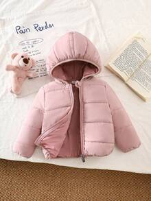 SHEIN Playful Pals Baby Girls 0-3yrs 6Months-3Years Baby Girl Winter For Girl Regular Thickness Coat Casual Style Warmer Hooded Padded Jacket Baby Girl Winter Jackets - Pink - View 3