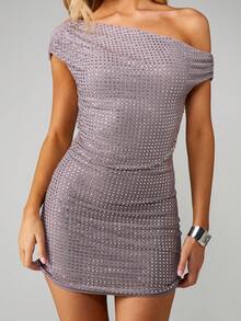 MISSGUIDED Váy ngắn hở vai đính đá Rhinestones Bodycon một tay cho buổi tối dự tiệc câu lạc bộ - Xám - Xem 1