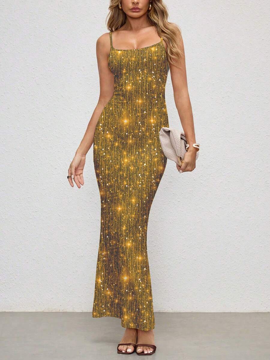 Glamance ORANGE STUDIO Sequin Embellished Sexy Women's Dress, Suitable For Birthday Party, Club Wear In Winter Long Yellow Dress Tight Long Dress Gold Maxi Dress Bodycon Maxi Dress Chic Stylish Clothing Collection New Year - Yellow - View 1
