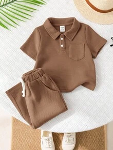 SHEIN 2pcs/Set Baby Boy/Girl Casual Turndown Collar Short Sleeve Half-Zip Pullover Top And Long Pants, All Season - Brown - View 5